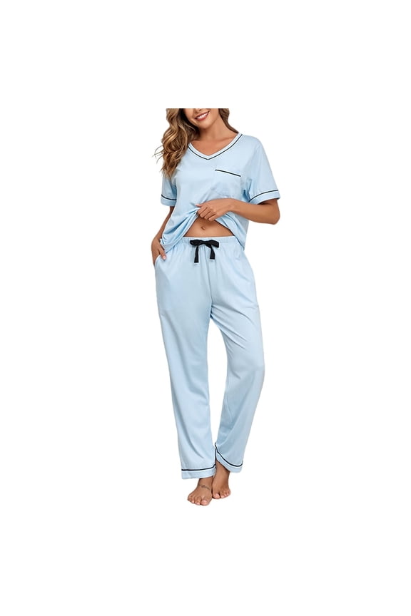 100% Cotton Pajamas for Women Set Short Sleeve & Long Pants Lounge Sets for Women V Neck Sleepwear with Pockets (Light Blue,2XL)