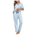thumbnail image 1 of EA'S SECRET 100% Cotton Pajamas for Women Set Short Sleeve & Long Pants Lounge Sets for Women V Neck Sleepwear with Pockets (Light Blue,2XL), 1 of 8