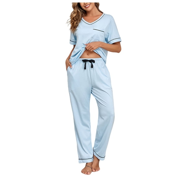 EA'S SECRET 100% Cotton Pajamas for Women Set Short Sleeve & Long Pants Lounge Sets for Women V Neck Sleepwear with Pockets (Light Blue,2XL)