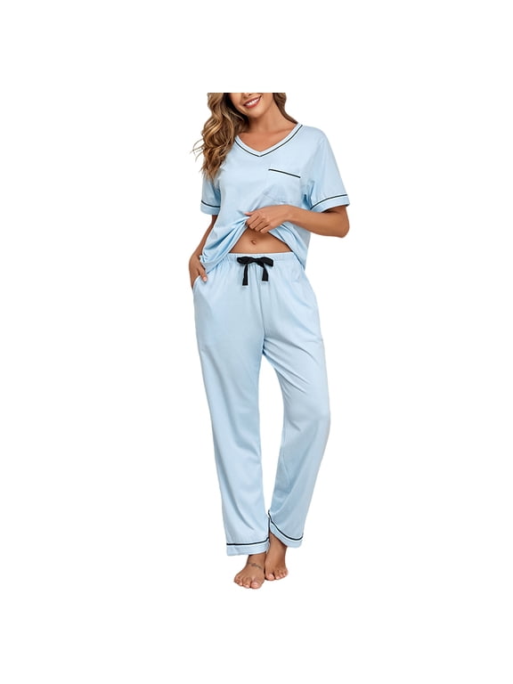 100% Cotton Pajamas for Women Set Short Sleeve & Long Pants Lounge Sets for Women V Neck Sleepwear with Pockets (Light Blue,L)