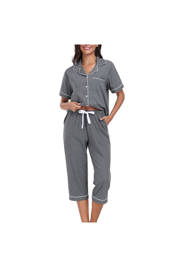 100% Cotton Pajamas for Women Set Short Sleeve Sleepwear Cotton Capri Pajamas Pjs with Pockets Button Up Loungewear Sets(Dark Gray,M)