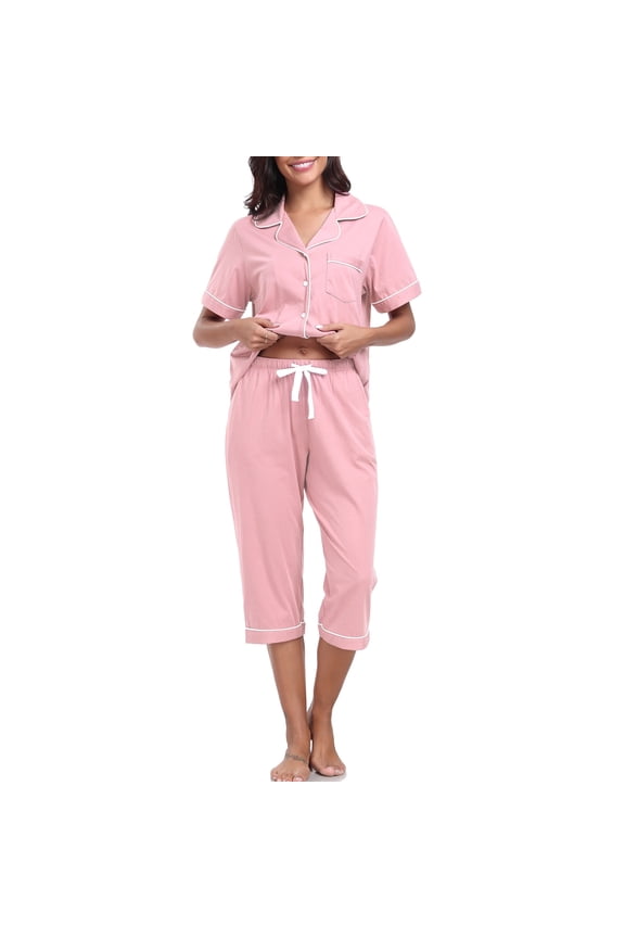 100% Cotton Pajamas for Women Set Short Sleeve Women's Sleepwear Button Down Loungewear Capri Summer Pajama Pants with Pockets(Pink,L)