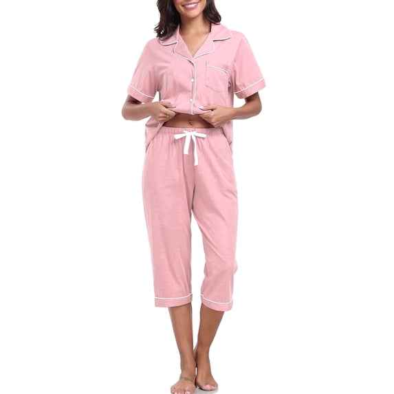 EA'S SECRET 100% Cotton Pajamas for Women Set Short Sleeve Women's Sleepwear Button Down Loungewear Capri Summer Pajama Pants with Pockets(Pink,L)