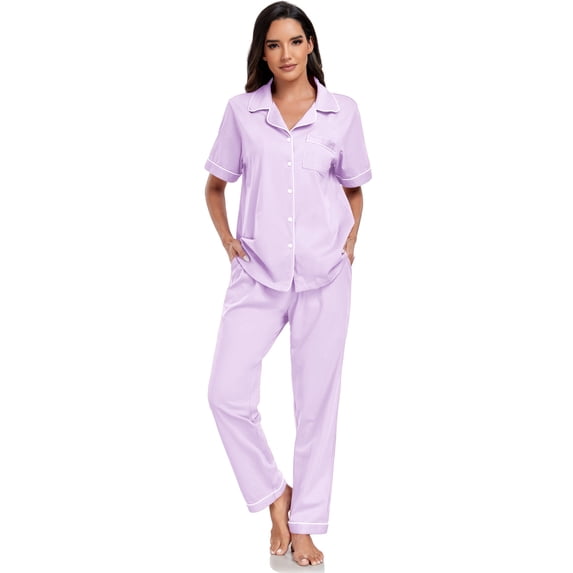 EA'S SECRET 100% Cotton Pajamas for Women Set Short Sleeve Pj Sets Button Down(Light Purple,M)