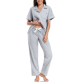 thumbnail image 1 of EA'S SECRET 100% Cotton Pajamas for Women Set Short Sleeve and Long Pants Pj Sets Woman Button Down Sleepwear with Pockets(Grey,L), 1 of 9