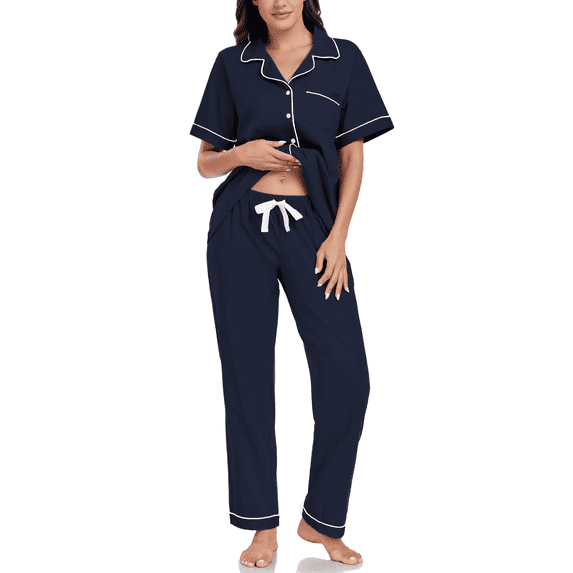 EA'S SECRET 100% Cotton Pajamas for Women Set Short Sleeve and Long Pants Pj Sets Woman Button Down Sleepwear with Pockets(Navy,S)