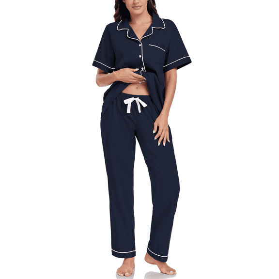 EA'S SECRET 100% Cotton Pajamas for Women Set Short Sleeve and Long Pants Pj Sets Woman Button Down Sleepwear with Pockets(Navy,S)