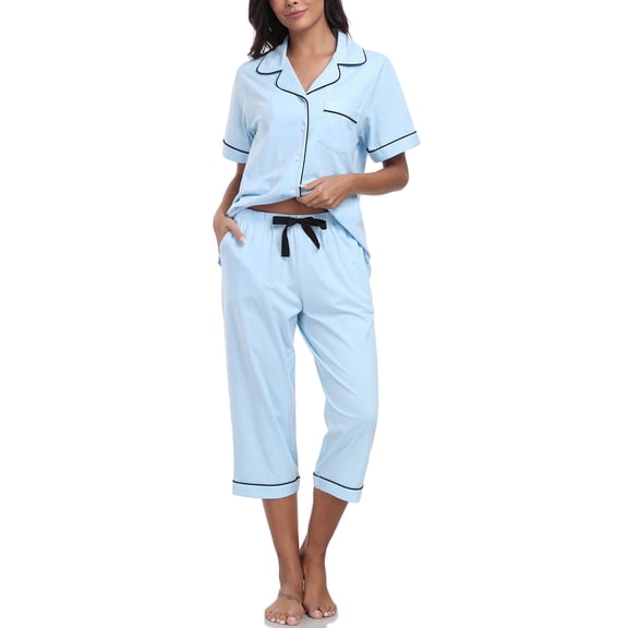 EA'S SECRET 100% Cotton Pajamas for Women Set Short SleeveSleepwear Button Down Loungewear Capri Summer Pajama Pants with Pockets(Light Blue,L)