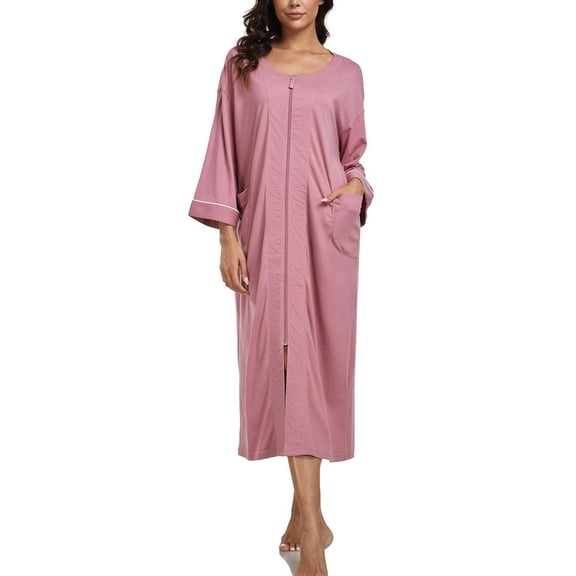 EA'S SECRET 100% Cotton Robe for Women Zipper Front Womens Robes Knee Length Kimono Bathrobe Summer Loungewear Lightweight Housecoat(Dusty Rose,M)