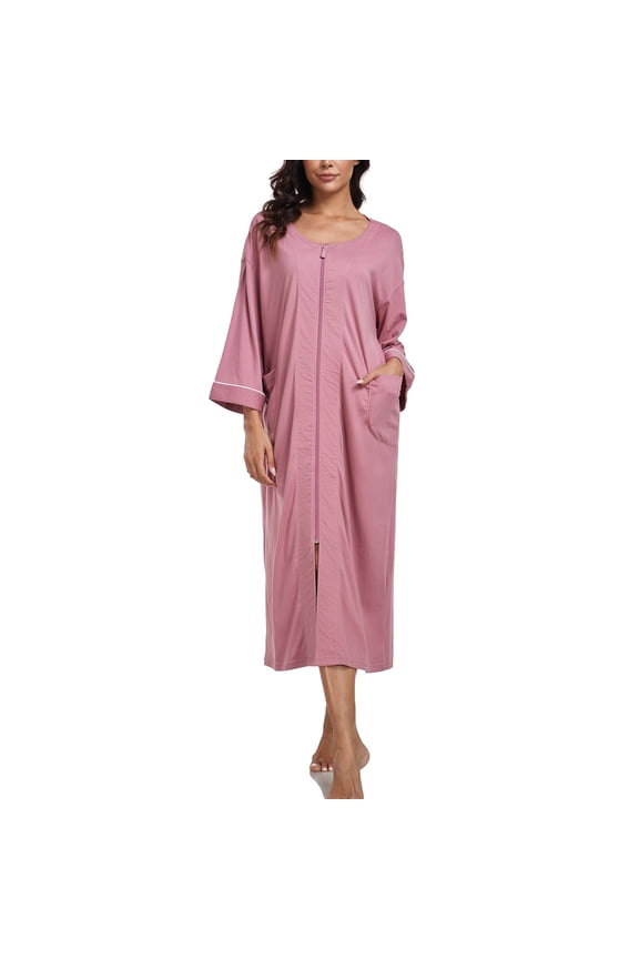 100% Cotton Robe for Women Zipper Front Womens Robes Knee Length Kimono Bathrobe Summer Loungewear Lightweight Housecoat(Dusty Rose,XL）