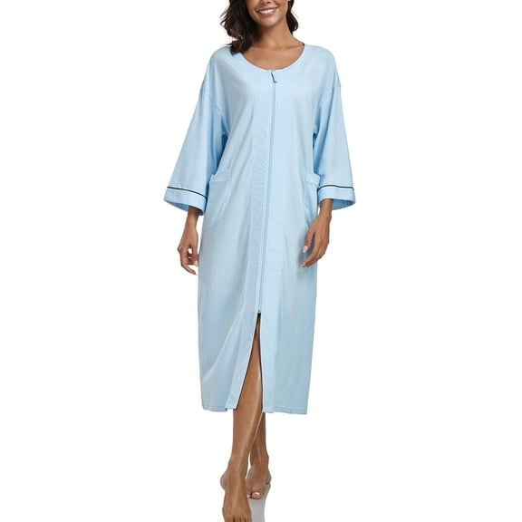 EA'S SECRET 100% Cotton Robe for Women Zipper Front Womens Robes Knee Length Kimono Bathrobe Summer Loungewear Lightweight Housecoat(Light Blue,2XL)