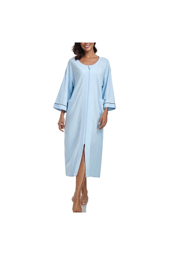 100% Cotton Robe for Women Zipper Front Womens Robes Knee Length Kimono Bathrobe Summer Loungewear Lightweight Housecoat(Light Blue,XL）