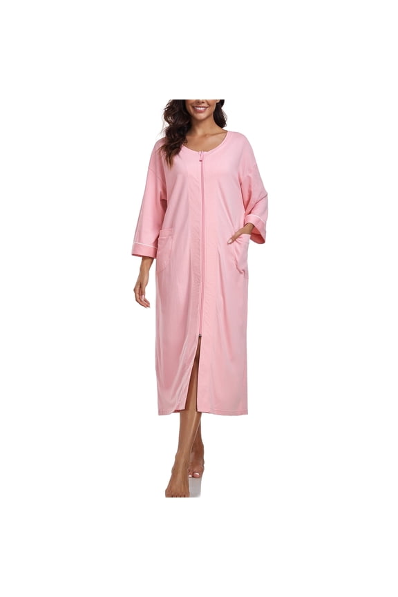100% Cotton Robe for Women Zipper Front Womens Robes Knee Length Kimono Bathrobe Summer Loungewear Lightweight Housecoat(Pink,M)