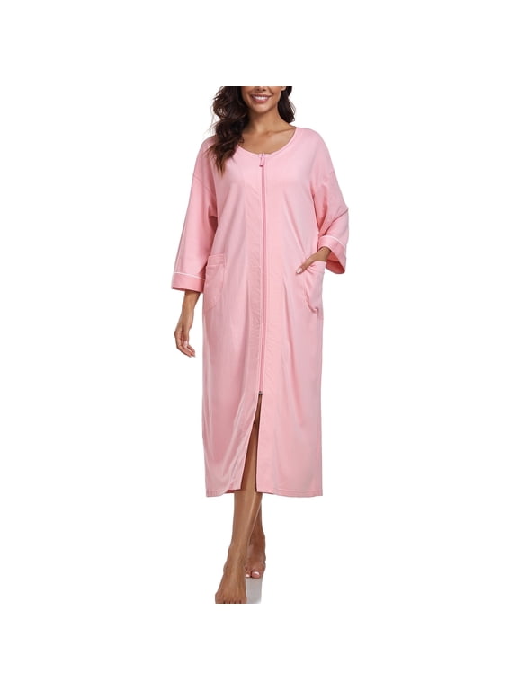 100% Cotton Robe for Women Zipper Front Womens Robes Knee Length Kimono Bathrobe Summer Loungewear Lightweight Housecoat(Pink,M)