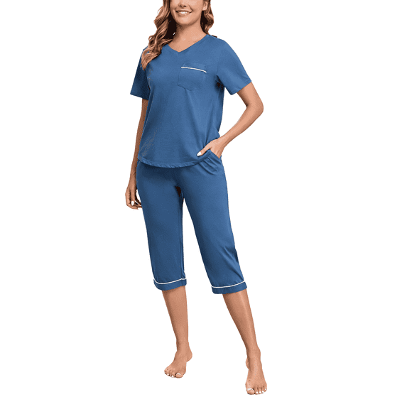 EA'S SECRET 100% Cotton Women Pajamas Set Soft Sleepwear Pjs 2 Piece Sleepwear With Pockets Capri Pants Summer(Azure,XL)