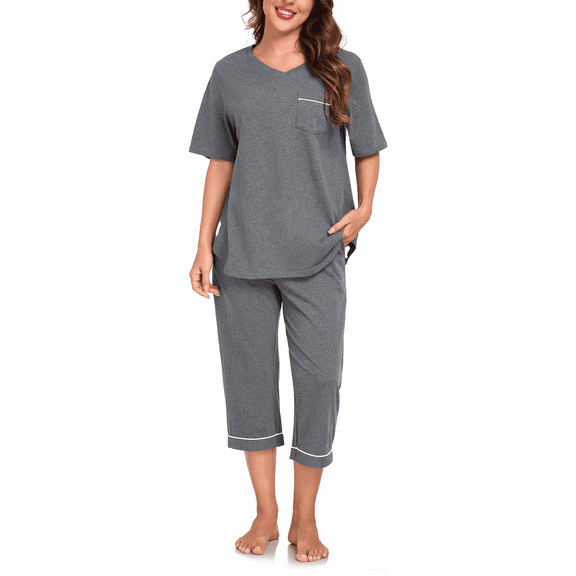EA'S SECRET 100% Cotton Women Pajamas Set Soft Sleepwear Pjs 2 Piece Sleepwear With Pockets Capri Pants Summer(Deep Grey,L)