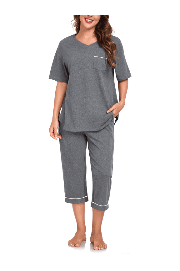 100% Cotton Women Pajamas Set Soft Sleepwear Pjs 2 Piece Sleepwear With Pockets Capri Pants Summer(Deep Grey,L)
