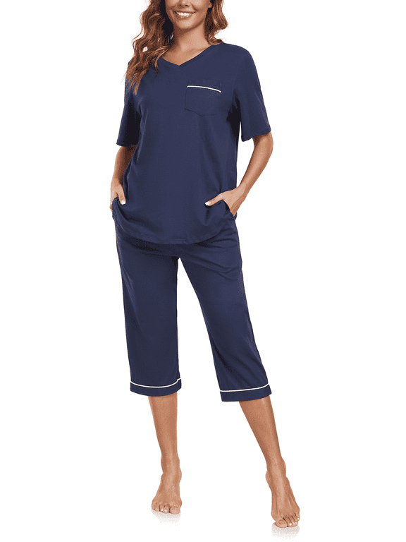 100% Cotton Women Pajamas Set Soft Sleepwear Pjs 2 Piece Sleepwear With Pockets Capri Pants Summer(Navy Blue,L)