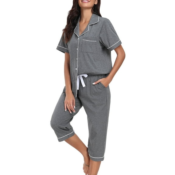 EA'S SECRET 100% Cotton Women's Pajama Sets Short Sleeve Button Down Capri Nightwear V Neck Pjs Sleepwear with Pockets(Dark Gray,XL)