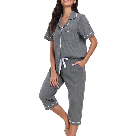 EA'S SECRET 100% Cotton Women's Pajama Sets Short Sleeve Button Down Capri Nightwear V Neck Pjs Sleepwear with Pockets(Dark Gray,XL)