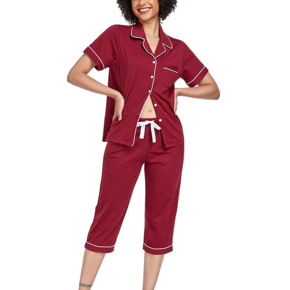 EA'S SECRET 100% Cotton Women's Pajama Sets Short Sleeve Button Down Capri Nightwear V Neck Pjs Sleepwear with Pockets(Wine Red,XL)