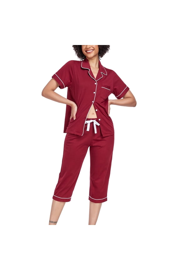 100% Cotton Women's Pajama Sets Short Sleeve Button Down Capri Nightwear V Neck Pjs Sleepwear with Pockets(Wine Red,XL)