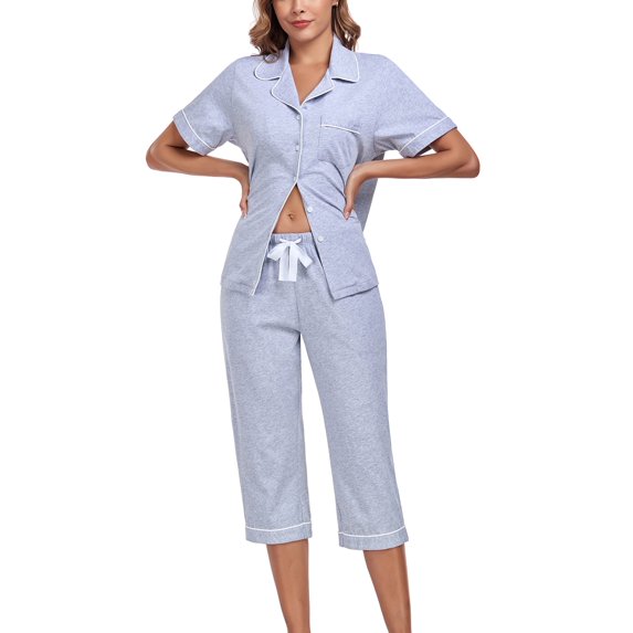 EA'S SECRET 100% Cotton Women's Pajama Sets Short Sleeve Button Down Capri Nightwear V Neck Pjs Sleepwear with Pockets(Light Grey,M)