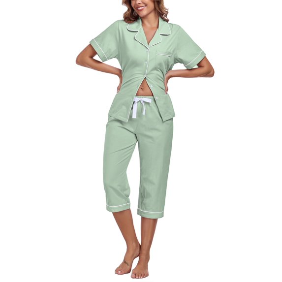 EA'S SECRET 100% Cotton Women's Pajama Sets Short Sleeve Button Down Capri Nightwear V Neck Pjs Sleepwear with Pockets(Sage Green,2XL)