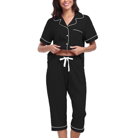 EA'S SECRET 100% Cotton Women's Pajama Sets Short Sleeve Button Down Capri Nightwear V Neck Pjs Sleepwear with Pockets(Black,XL)