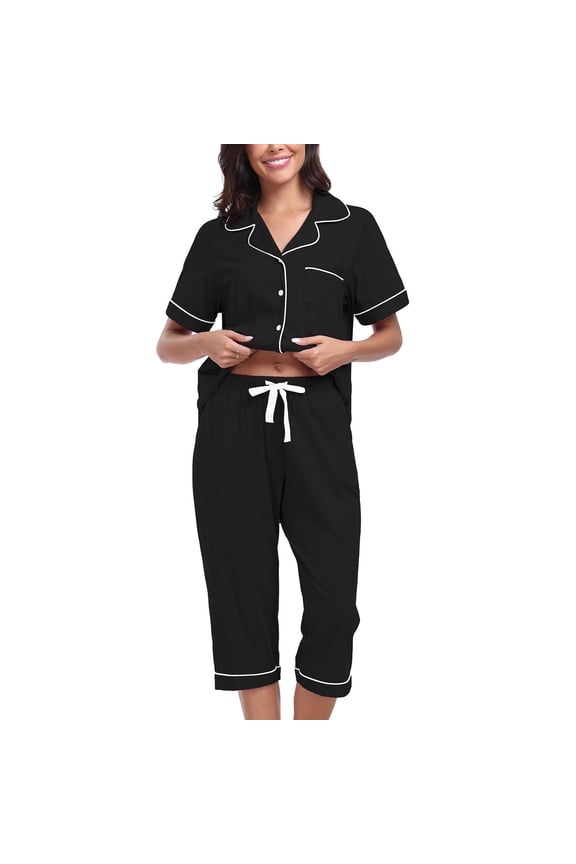 100% Cotton Women's Pajama Sets Short Sleeve Button Down Capri Nightwear V Neck Pjs Sleepwear with Pockets(Black,XL)