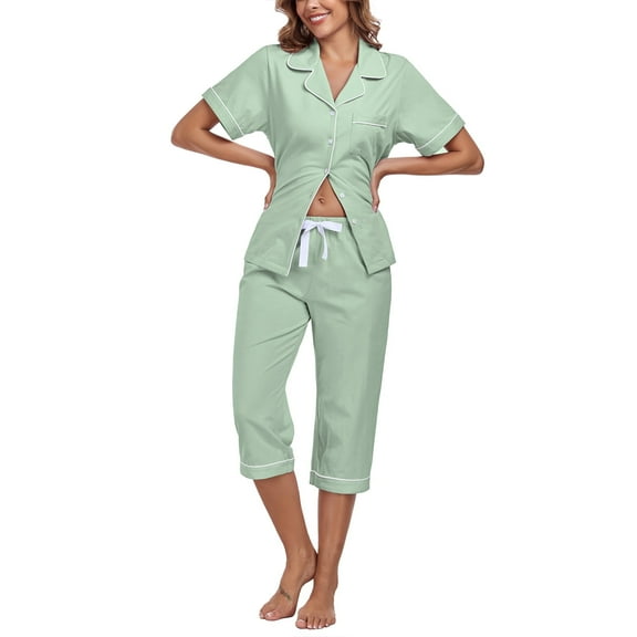 EA'S SECRET 100% Cotton Women's Pajama Sets Short Sleeve Button Down Capri Nightwear V Neck Pjs Sleepwear with Pockets(Sage Green,L)