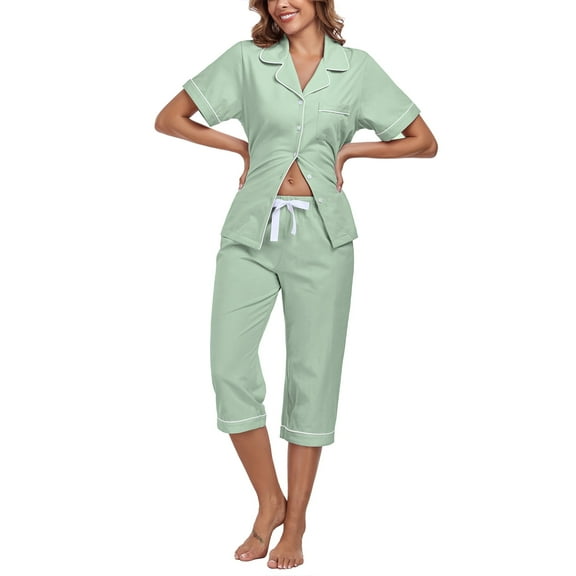 EA'S SECRET 100% Cotton Women's Pajama Sets Short Sleeve Button Down Capri Nightwear V Neck Pjs Sleepwear with Pockets(Sage Green,L)