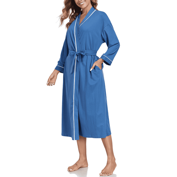 EA'S SECRET 100% Cotton Womens Robe Lightweight Long Kimono Bath Robe Soft Knit Spa Robes Ladies Loungewear with Pockets(Azure,S)