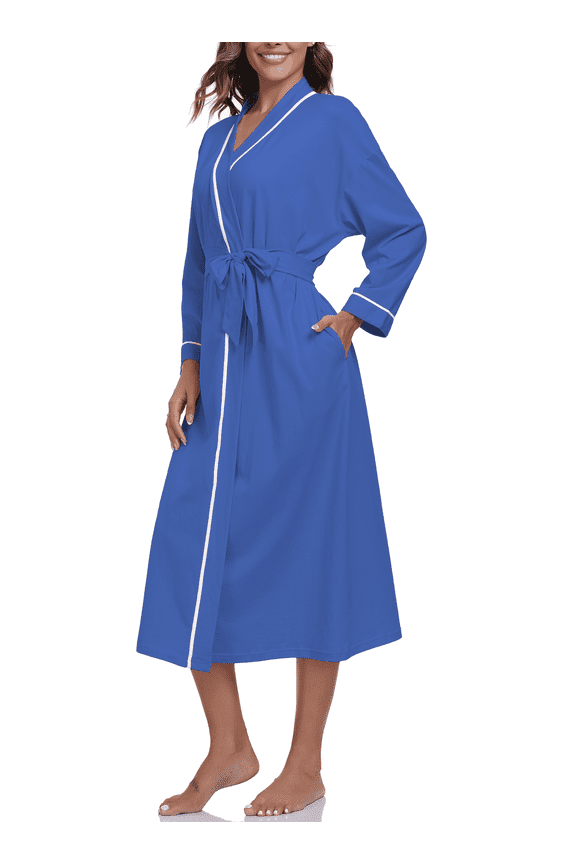 100% Cotton Womens Long Robe Lightweight Kimono Bath Robe with Pockets(Blue,L)