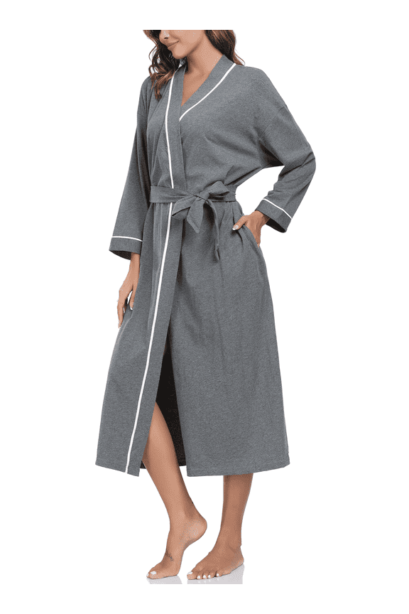 100% Cotton Womens Long Robe Lightweight Kimono Bath Robe with Pockets(Deep Gray,L)