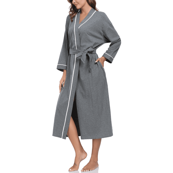 EA'S SECRET 100% Cotton Womens Robe Lightweight Long Kimono Bath Robe Soft Knit Spa Robes Ladies Loungewear with Pockets(Deep Gray,L)