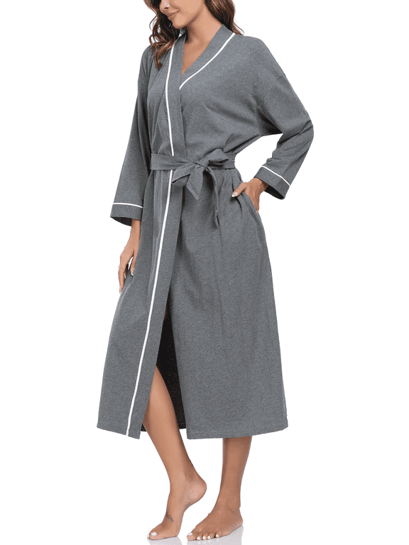 100% Cotton Womens Lightweight Long Kimono Robe with Pockets for Spa Hotel(Deep Gray,L)