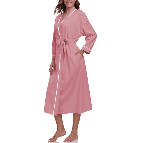 EA'S SECRET 100% Cotton Womens Long Robe Lightweight Kimono Bath Robe with Pockets(Dusty Rose,M)