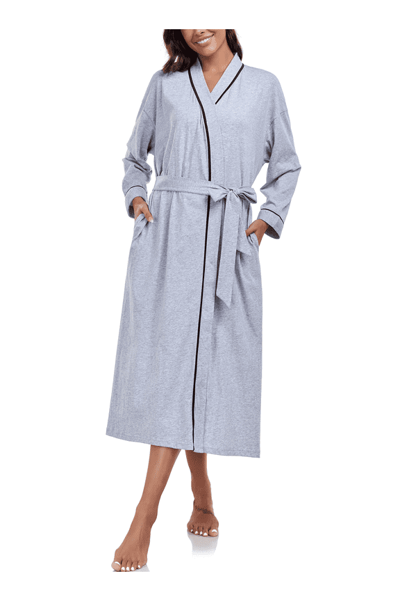 100% Cotton Womens Long Robe Lightweight Kimono Bath Robe with Pockets(Gray,L)