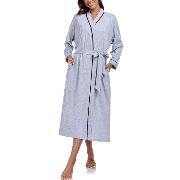 EA'S SECRET 100% Cotton Womens Long Robe Lightweight Kimono Bath Robe with Pockets(Gray,M)