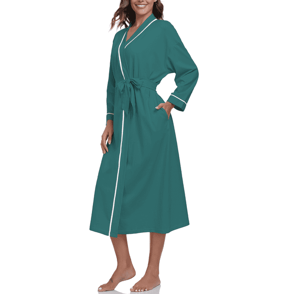 EA'S SECRET 100% Cotton Womens Long Robe Lightweight Kimono Bath Robe with Pockets(Green,M)