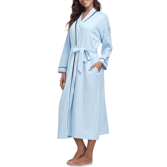 EA'S SECRET 100% Cotton Womens Robe Lightweight Long Kimono Bath Robe Soft Knit Spa Robes Ladies Loungewear with Pockets(Light Blue,2XL)