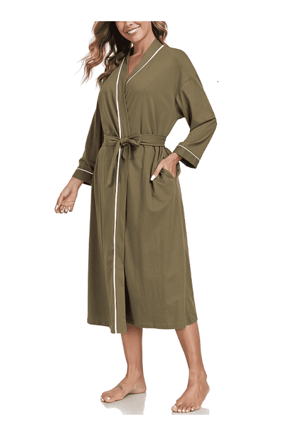 100% Cotton Womens Long Robe Lightweight Kimono Bath Robe with Pockets(Olive Green,L)