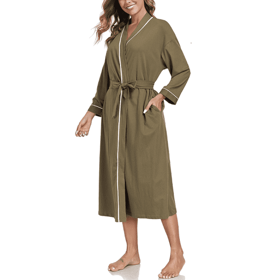 EA'S SECRET 100% Cotton Womens Long Robe Lightweight Kimono Bath Robe with Pockets(Olive Green,M)