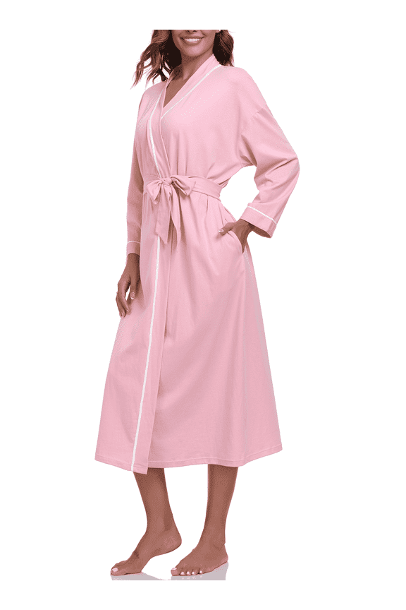 100% Cotton Womens Robe Lightweight Long Kimono Bath Robe Soft Knit Spa Robes Ladies with Pockets(Pink,2XL)