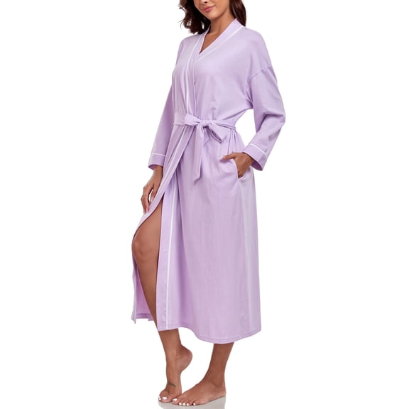 EA'S SECRET 100% Cotton Womens Robe Lightweight Long Kimono Bath Robe Soft Knit Spa Robes Ladies Loungewear with Pockets(Purple,2XL)