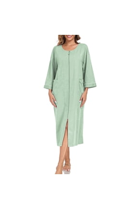 100% Cotton Zipper Robes for Women Lightweight Bathrobe with 2 Pockets 3/4 sleeve Loungewear(Sage Green,L)