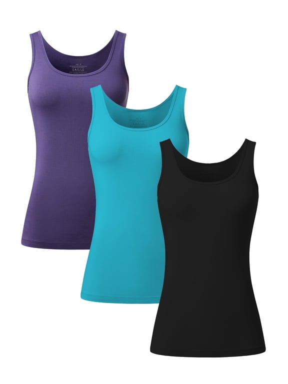 3 Pack Women Scoop Neck Tank Tops Sleeveless Casual Shirts Racerback Basic Strap Slim Fitted Undershirts Racerback Summer Tee(3G,L)
