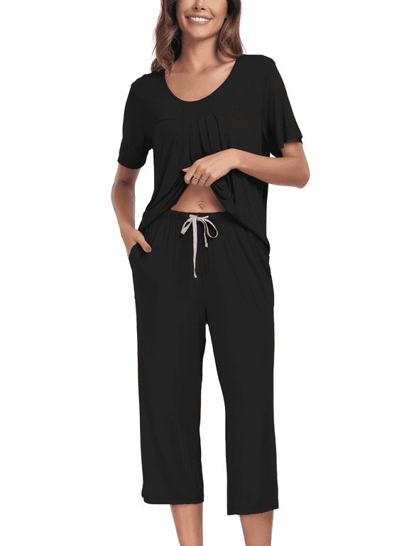 Capri Pajamas Set for Women Lightweight Rayon Lounge Sets Summer Cool Pjs with Pockets(Black,L)