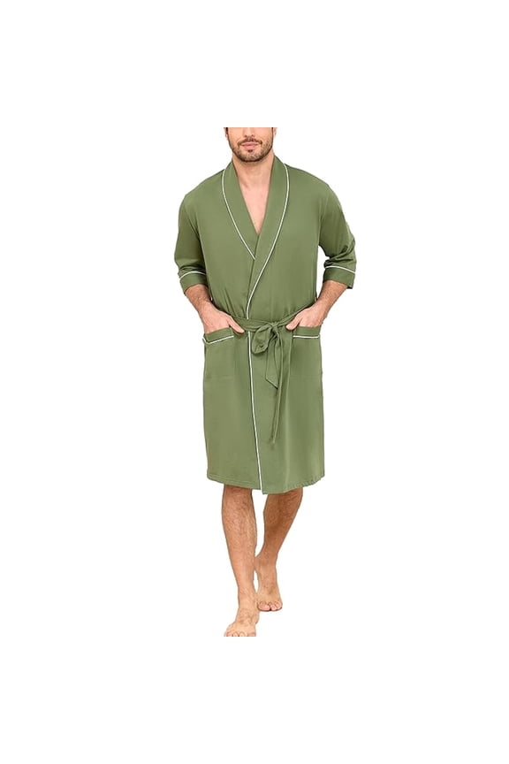 Men's 100% Cotton Bathrobes Lightweight Soft Kimono Summer Breathable Short Sleeve Knit Spa Robe with Pockets(Loden Frost,2XL)